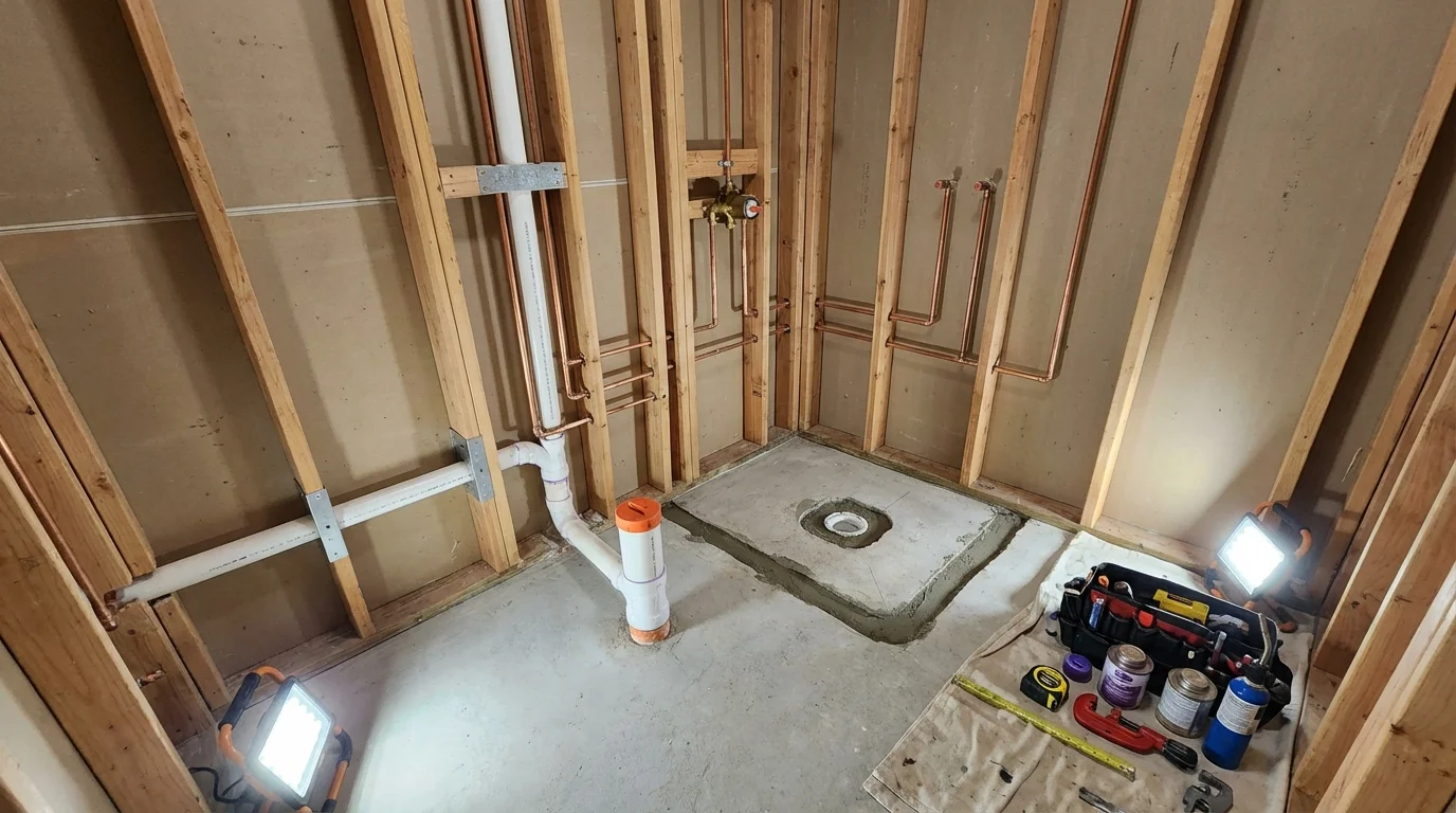 Bathroom rough-in plumbing during remodel by Johns Plumbing LLC in Monson