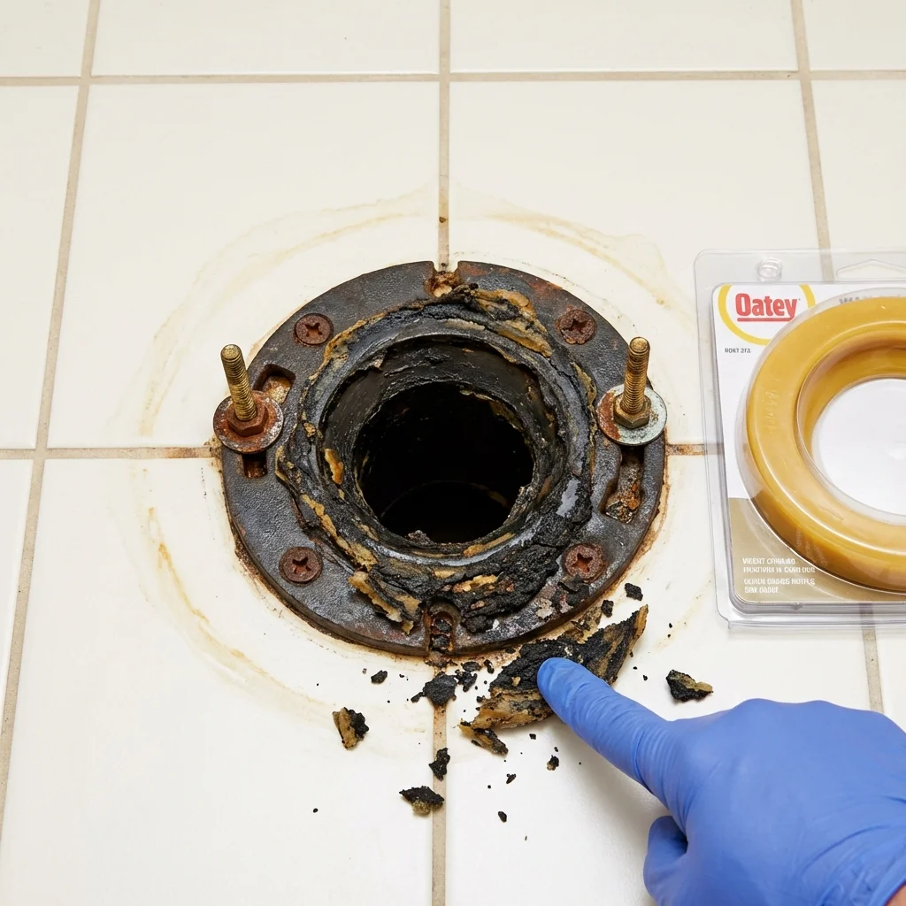 Failed wax ring showing water seepage at the base of a toilet in a Monson, MA home